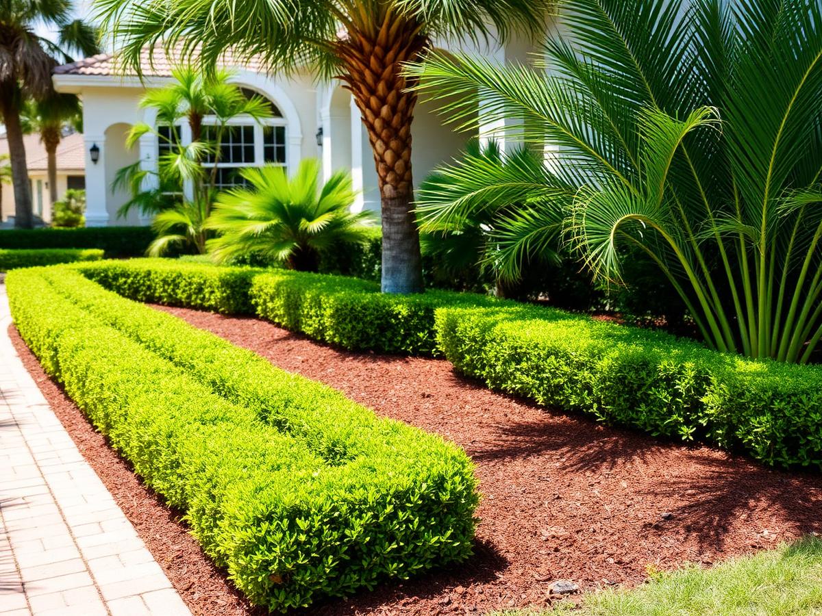 Trimmed hedges and fresh mulch beds along a paver walkway